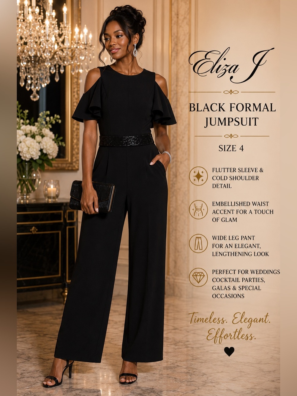 Eliza J Black Cold-Shoulder Wide-Leg Jumpsuit with Embellished Waist